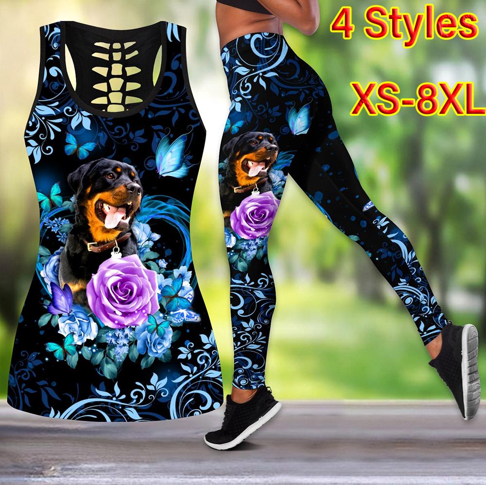 

Лето 2022, комбинированный полый топ на бретельках и леггинсы с ротвейлером для женщин, костюм для йоги XS-8XL
