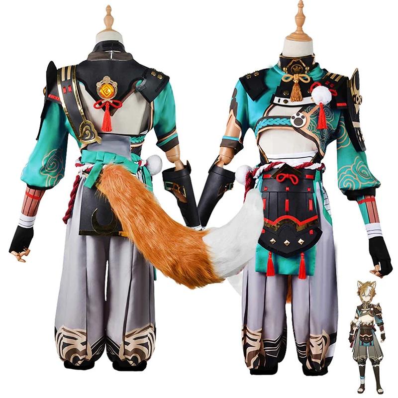 Gorou Cosplay Costume Wig Game   Blue Fox Boy Gorou Cosplay Clothes Tail Pants Wigs Halloween Costumes for Men