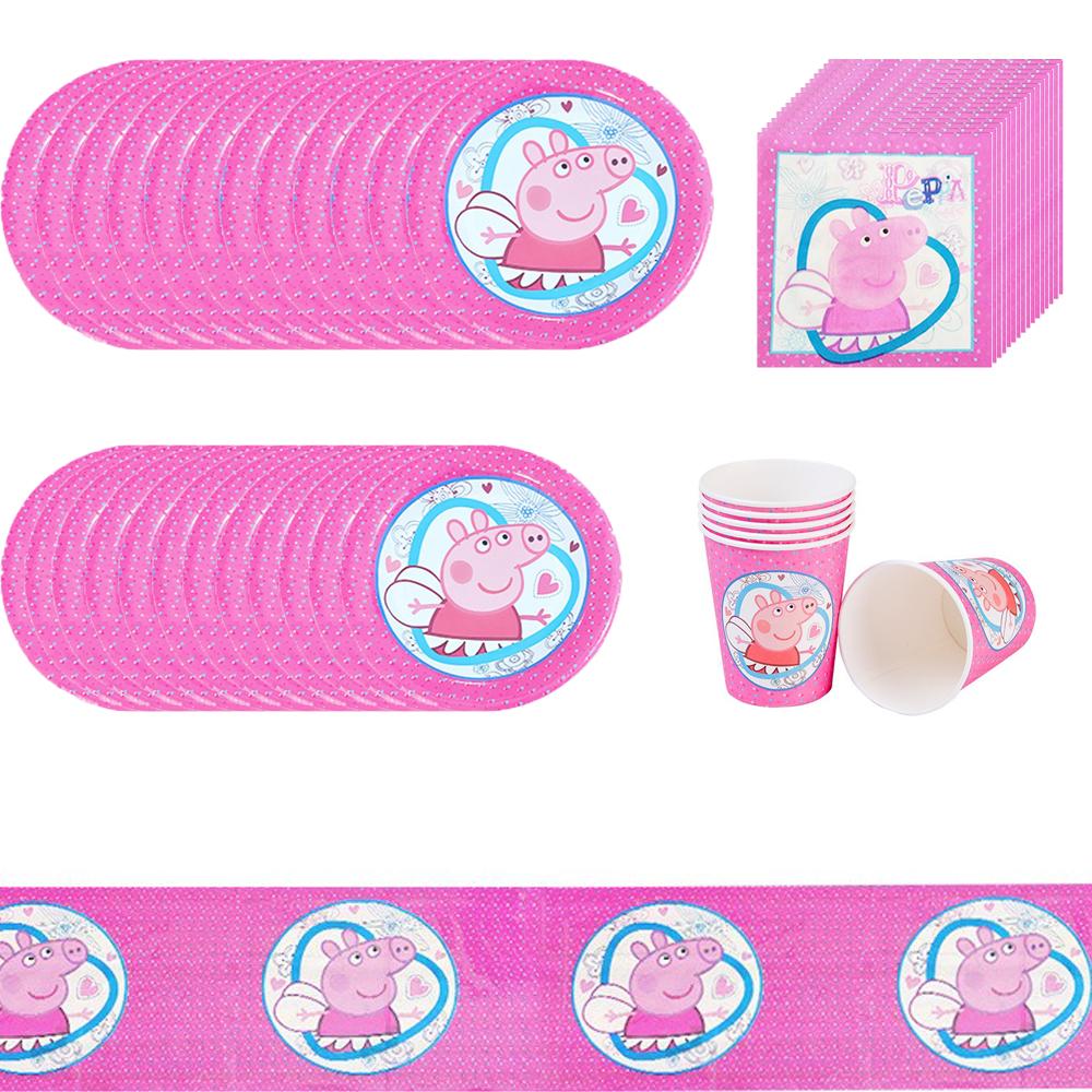 

57 шт. Товары для вечеринки Свинка Пеппа включают тарелки, стаканы, салфетки, скатерть розовый
