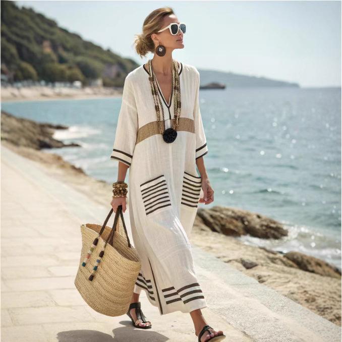 Damen V-Ausschnitt 3/4 Ärmel Gestreift Leinenmischung Maxikleid Lässig Locker Strandkleid mit Taschen