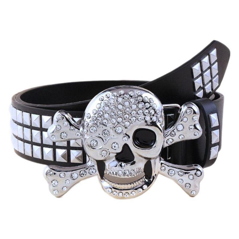 Rhinestone Black Rivet Belt Adjustable Skeleton Belt Skull Wide Waistband Trouser Decoration