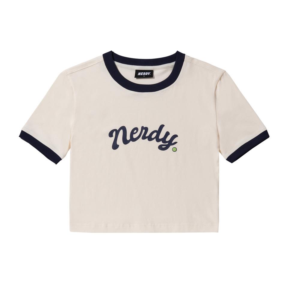 

NERDY Womens Cursive Logo Ringer Crop Short Sleeve Tshirt Navy