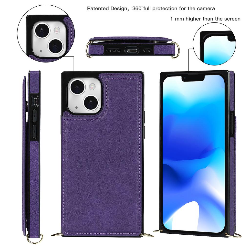 For iPhone 15 RFID Blocking Card Holder Back Cover Kickstand Phone Case with Shoulder Strap