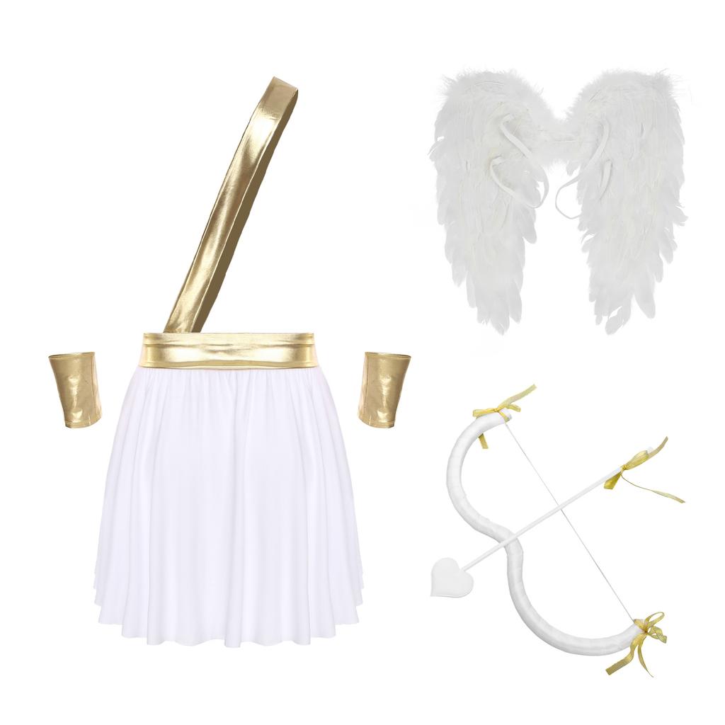 Mens Cupid Costume Set Contrast Color Heart Pattern Skirt Detachable Sleeves Wings Bow Arrow