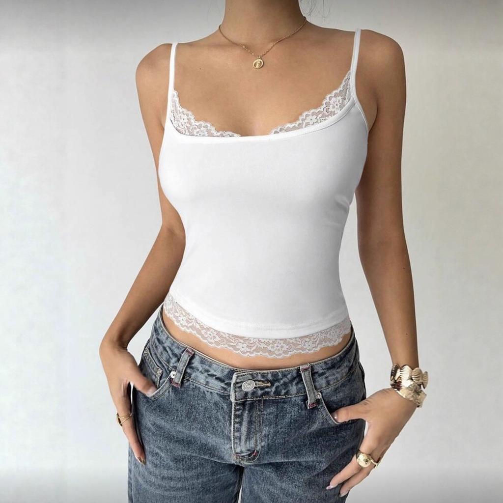 Women Slim Fit Cami Top Lace Trim Solid Color Spaghetti Strap Cropped Camisole Sexy Y2K Tank Top ZY‑9915