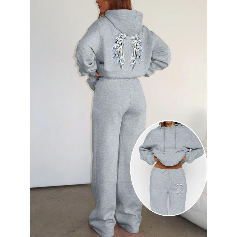 Casual Women's Suit with Interesting Printed Patterns, Fashionable Hooded Sweatshirt and Wide Leg Pants Set