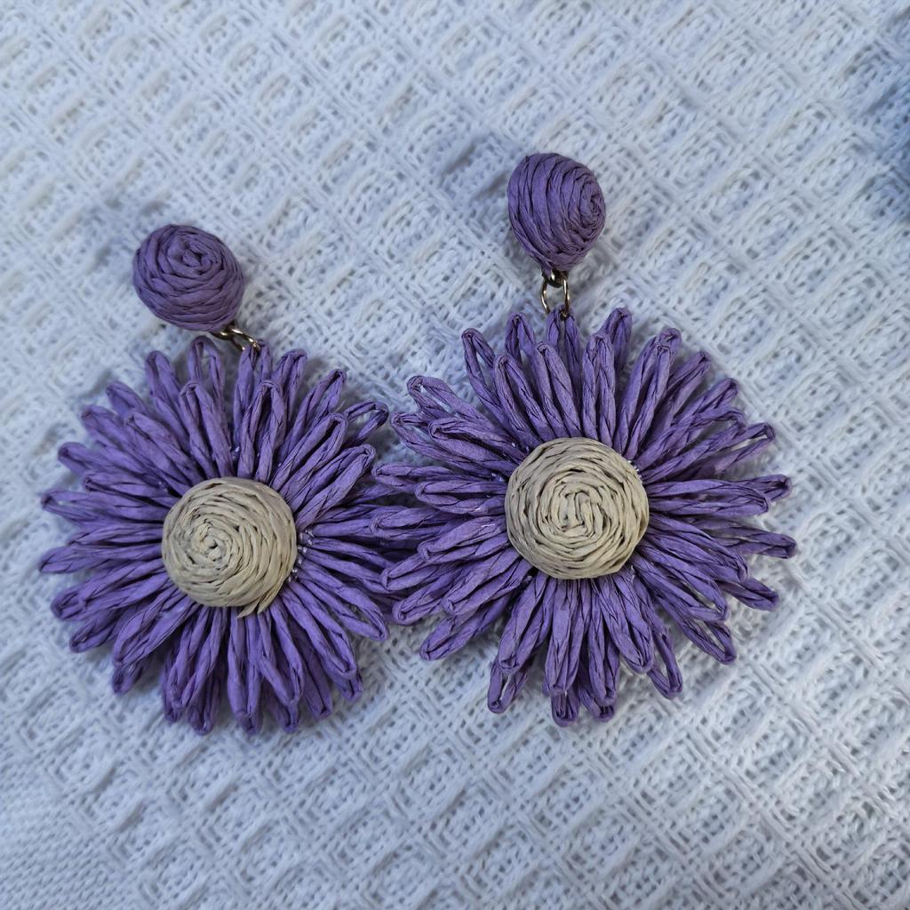 Handmade Raffia Flower Earrings with Steel Posts - Niche European & American Fashion Accessory