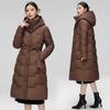 Casaco Feminino de Inverno com Capuz, Algodão e Penas, Novo, High-end, Slim-fit, Longo até o Joelho, Quente, Moderno