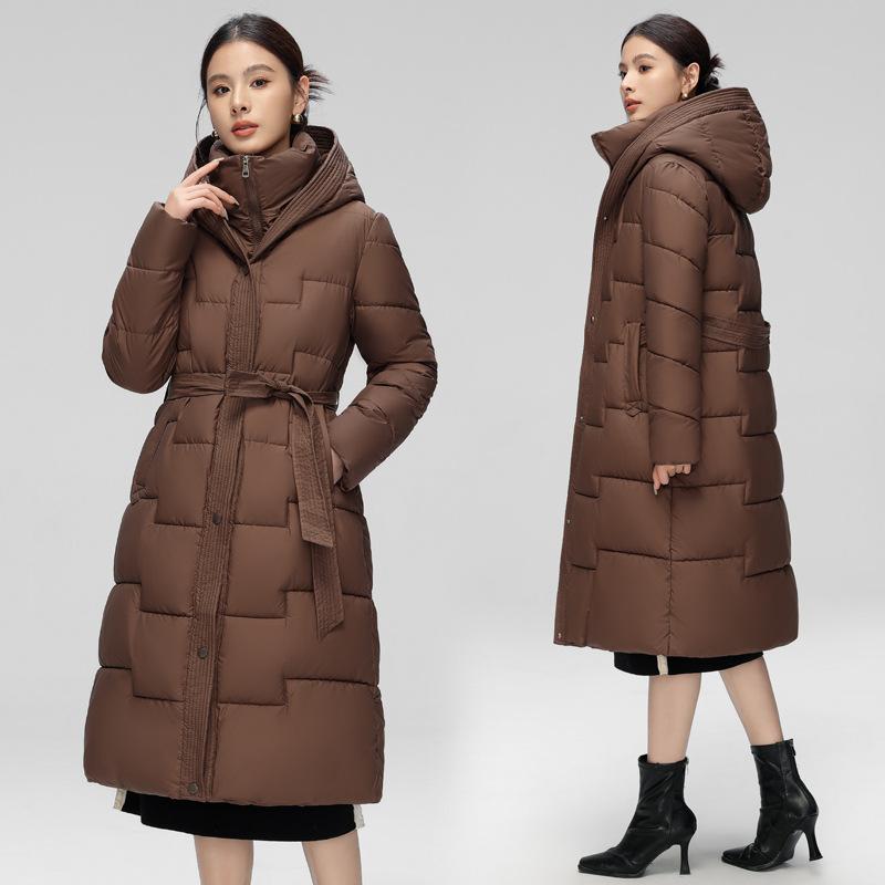 Casaco Feminino de Inverno com Capuz, Algodão e Penas, Novo, High-end, Slim-fit, Longo até o Joelho, Quente, Moderno