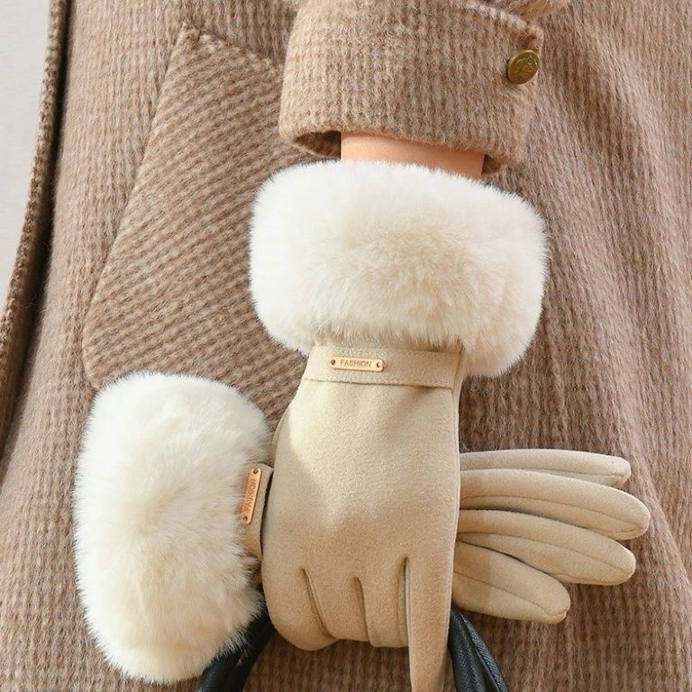 New Women's Warm Thickened Dew Finger Touch Screen Windproof Riding Plush Outdoor Fashion Gloves