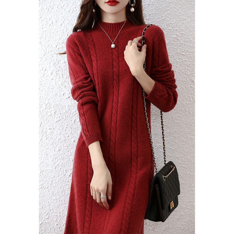 

Autumn and winter thickened twisted flower medium and long sweater skirt loose and thin bottoming skirt women s semi-turtleneck knitted dress women s average size