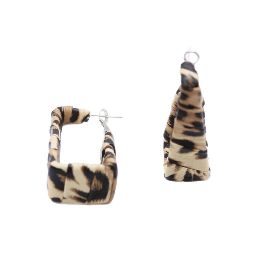 Geometric Silver Needle Earrings with Leopard Print Leather and Maillard Style Ear Cuffs