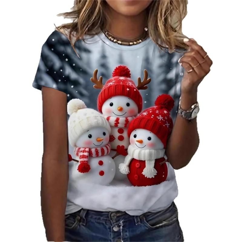 Womens Slim Fit Round Neck Short Sleeve T-Shirt With 3D Santa Claus Print Soft Cotton-Feel Fabric Casual Office Wear