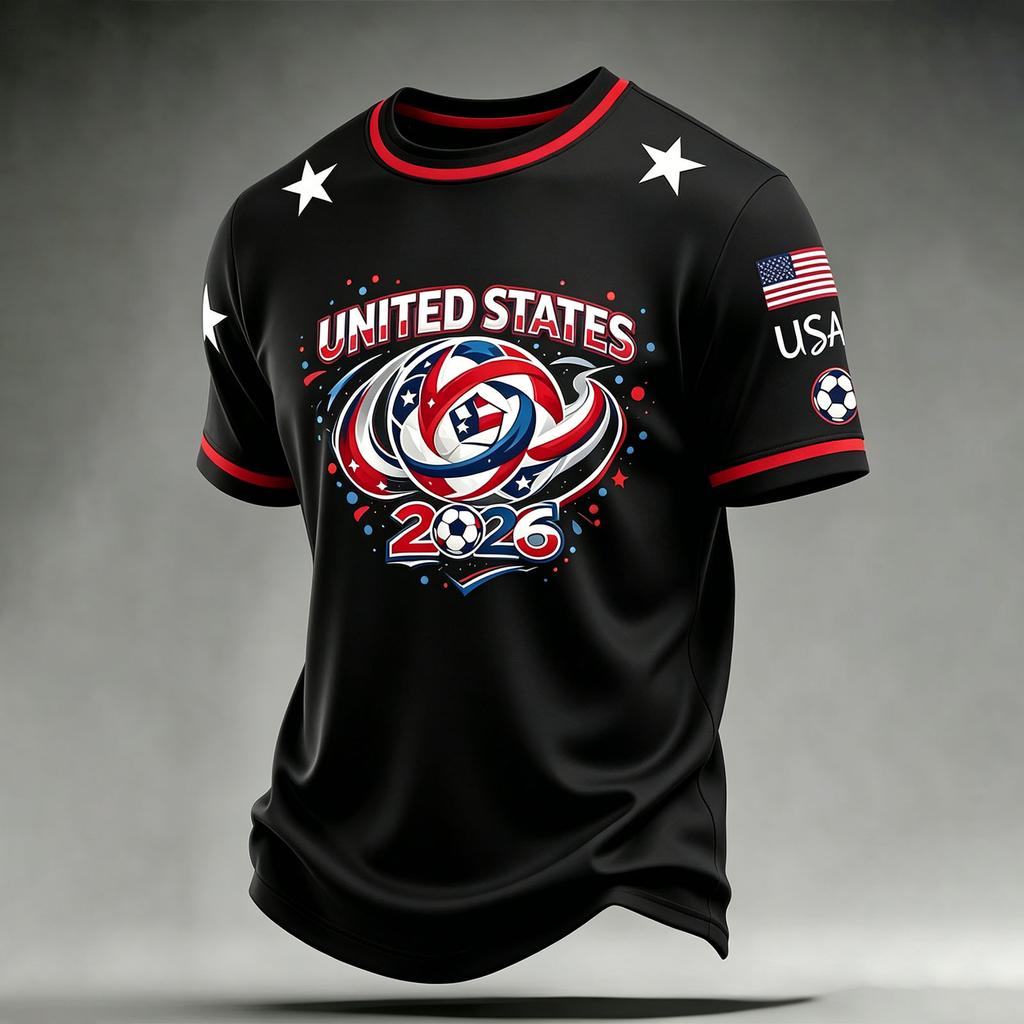 Men's Casual Printed Crew Neck Lightweight Breathable Short Sleeve Shirt Soccer Themed Graphic Design USA Map and Flag Pattern