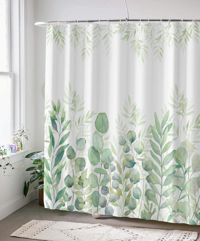 Amm Green Eucalyptus Shower Curtain Watercolor Plant Leaves Shower Curtains For Bathroom Waterproof Fabric Botanical Leaf Bath C