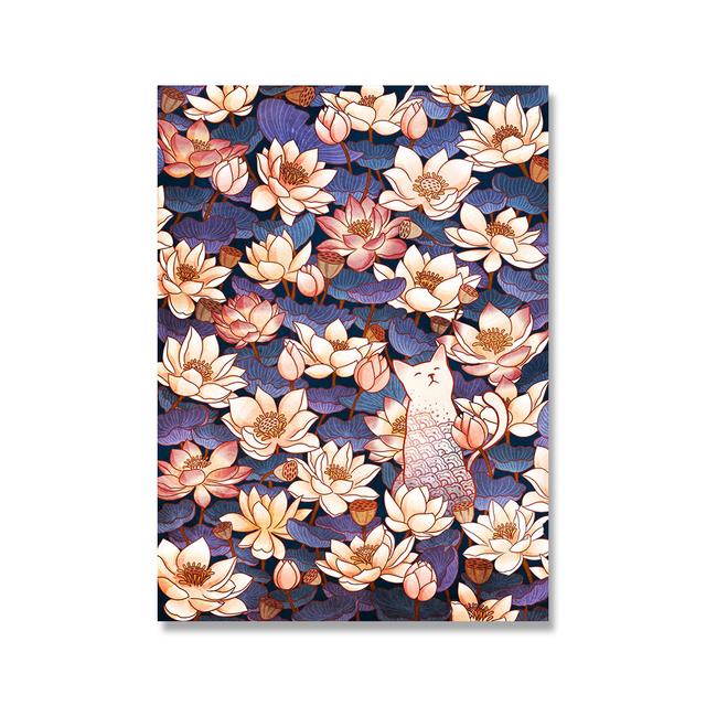 Vintage Cat Cartoon Animal Flower Plant Nordic Poster Wall Art Canvas Painting Wall Pictures for Living Room Home Decor Cuadros