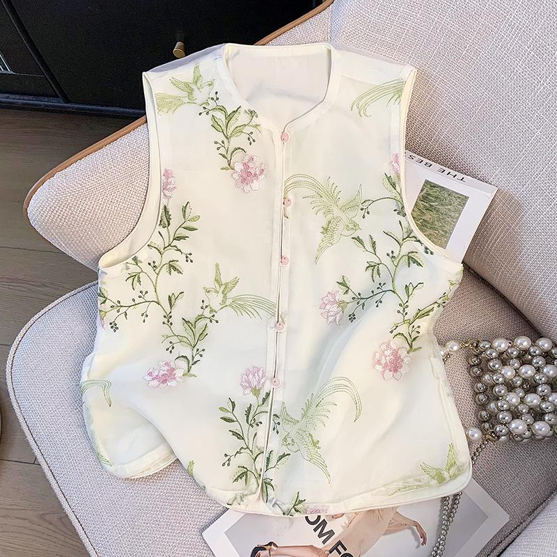 

Ethnic Style Satin Jacquard Embroidered V-Neck Frog Button Vest Large квітковий