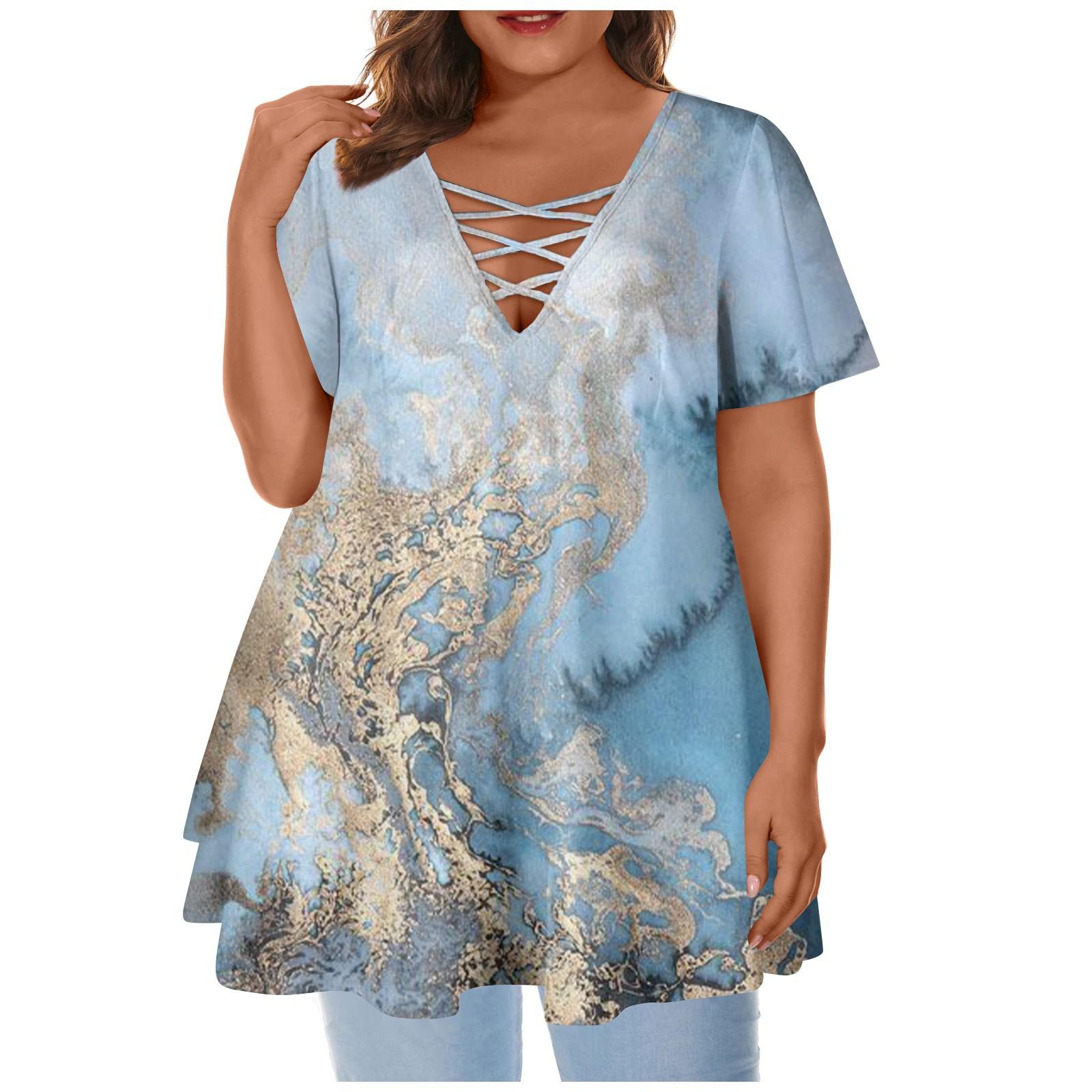 Women s Large Top Round Neck Printing Loose Deep V Hollow Sexy A-line Short Sleeve XXXXL