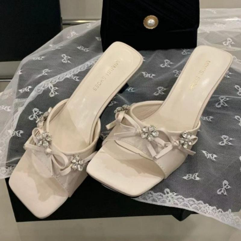 Fashion Bling Rhinestone Butterfly-knot Slippers Women Summer Sexy Open Toe Kitten Heel Design Slide Sandals Elegant Wedding Bridal Shoe