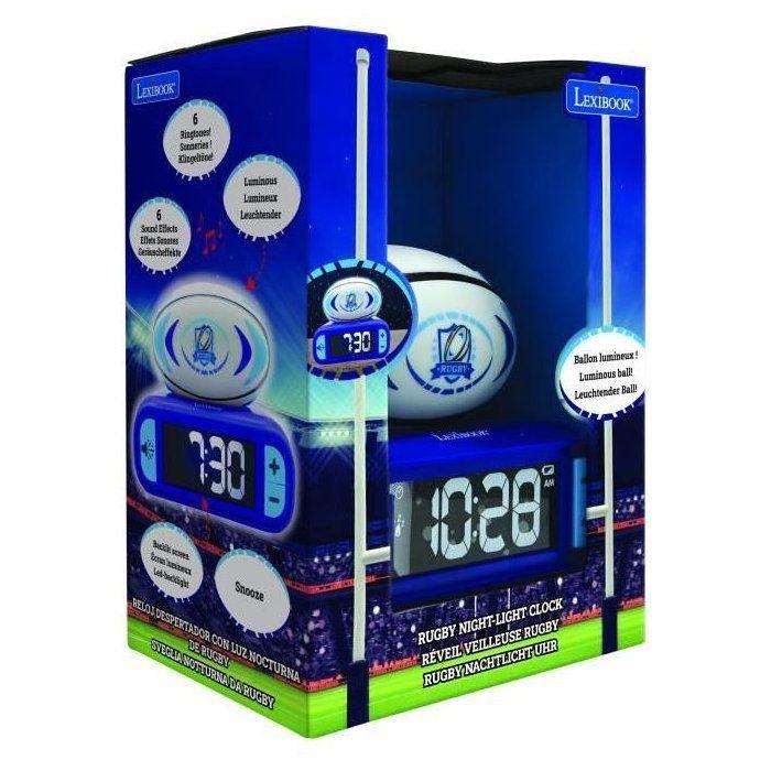 LEXIBOOK - Réveil veilleuse Rugby - Sons et mélodies, écran LCD rétro-éclairé et lumineux - Bleu