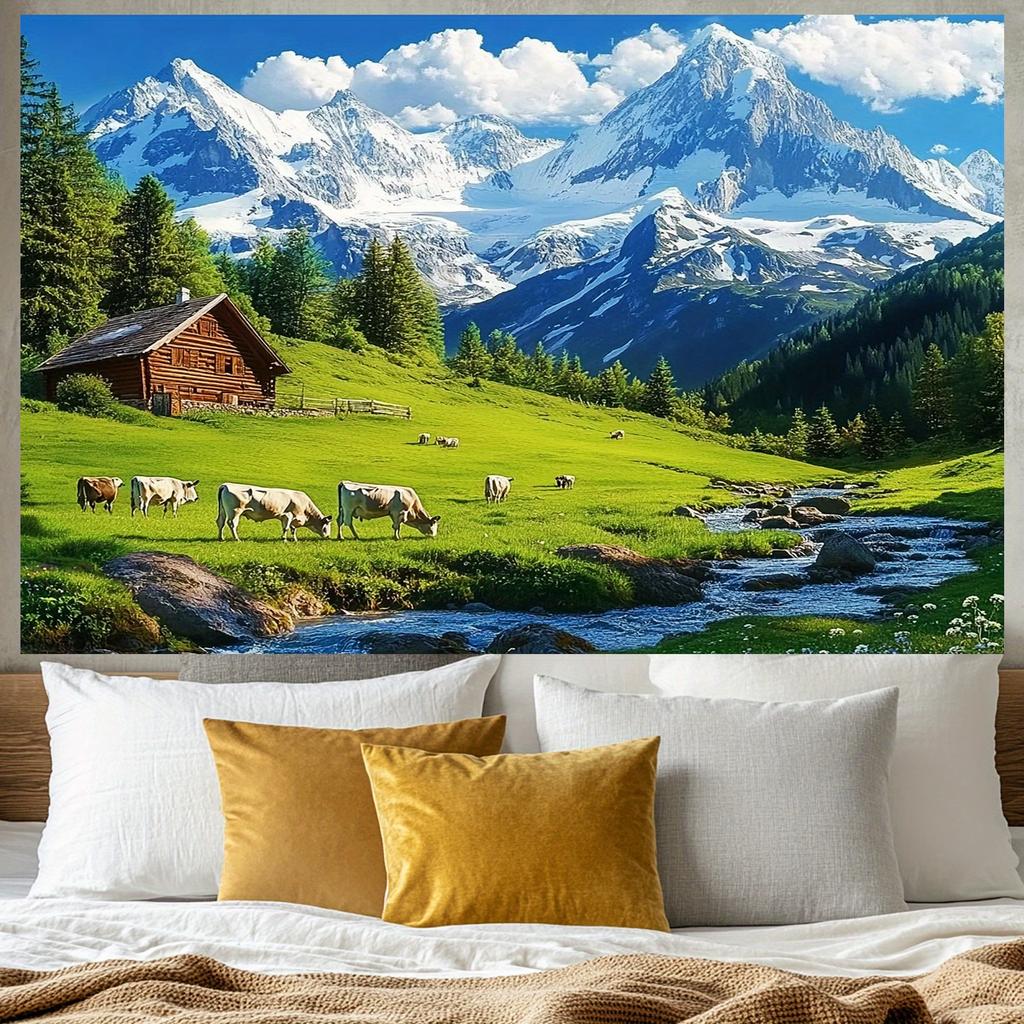 1pc Alps tranquil photography backdrop with mountain hut and green meadow for weddings, events and parties