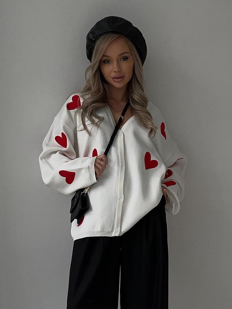2023 European & American Style Women's Heart Embroidered Wool Cardigan - Long Sleeve, Thick Knit for Autumn & Winter