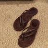 Cowhide version~ Niche beach vacation flat-bottomed flip-flops women's sandals