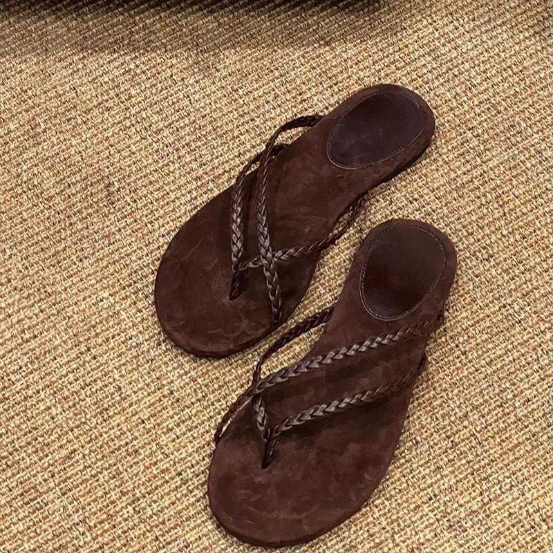 Cowhide version~ Niche beach vacation flat-bottomed flip-flops women's sandals