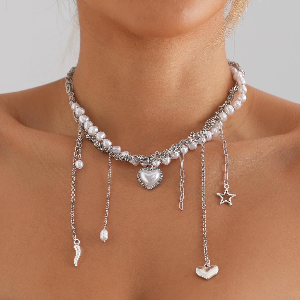 Multi-layer Heart-shaped Fringed Pearl Neck Chain Necklace Vintage Star Pendant Collarbone Chain