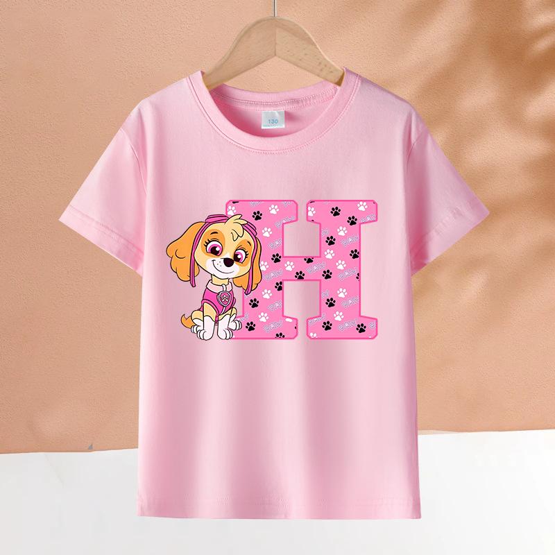 PAW Patrol Çocuk Pembe Kısa Kollu Tişört Kızlar Skye Polyester Üstler Çizgi Film 26 Harf Baskılı Sweatshirt Çocuk Doğum Günü Hediyeleri