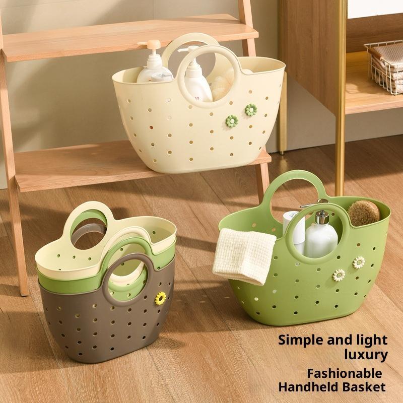 Plastic Shower Caddy With Portable Handles Drain Holes Flower Decor For Bathroom Dorm Gym Travel