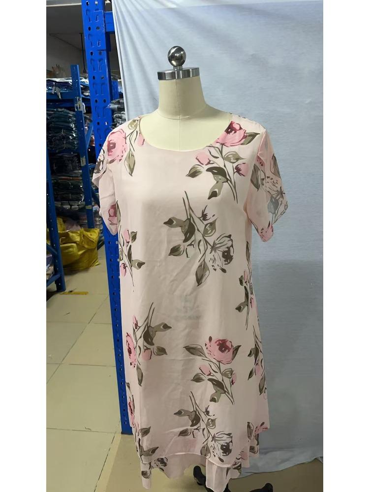 Women Loose Round Neck Fashion Pearl Chiffon Print Dress Lightweight Breathable Elegant Versatile