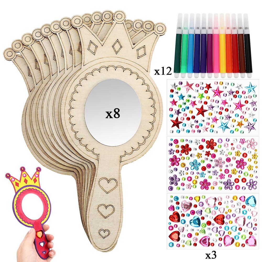 

23PCS/SET Unfinished Wooden Handheld Mirrors Princess Mirror Craft Kit with 12 Coloring Pens for Boy Girl Creative Party Supply