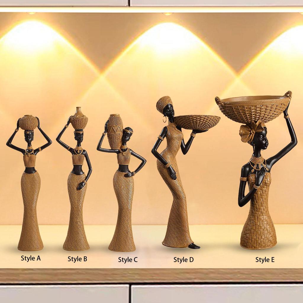 African Woman Figure Table Sculpture Handmade Retro Weave Pattern Decorative for