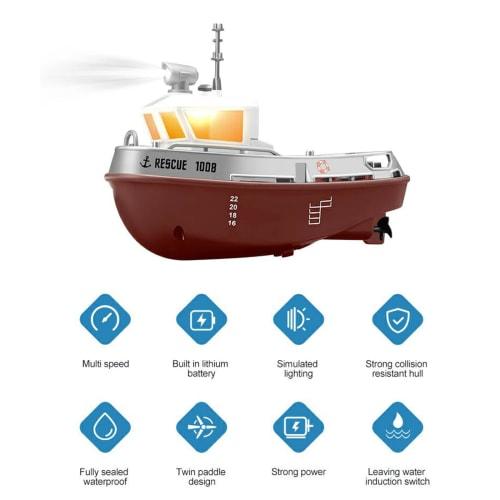 BCDYH Remote Control Boat, 2.4GHZ 1:32 Waterproof Mini Tugboat with Lights, Rechargeable Electric Toy for Kids Boys and Girls