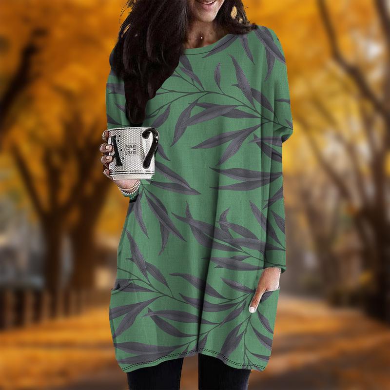 New In Autumn Antique Tree Leaves Print Plus Size Dress Women O'neck Long Sleeves Casual Pocket Dresses