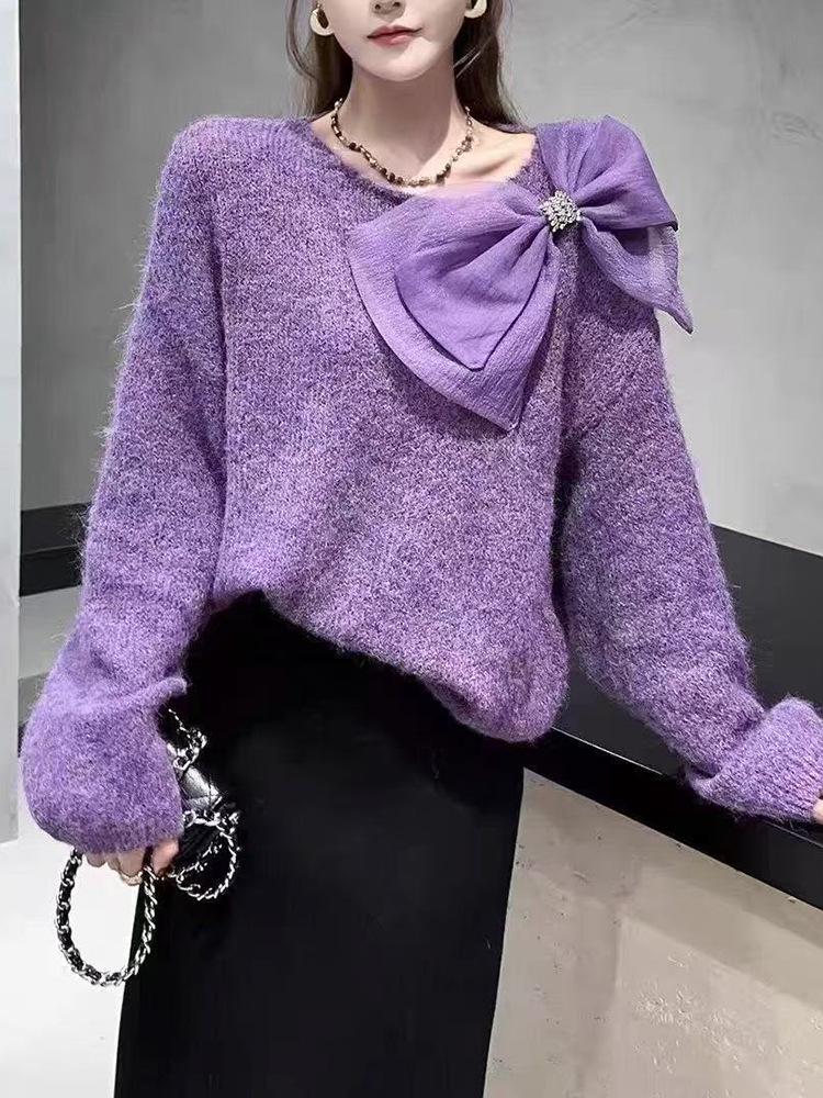 Elegant Bow Knit Sweater - Women's Fashionable Autumn/Winter Base Layer Knitwear