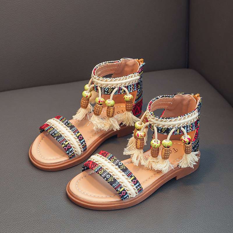 Children's Roman shoes Girls' sandals Summer 2025 New middle-aged and older children's Korean version soft-soled ethnic style retro princess shoes