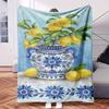 Lemons In Blue and White Vase.-Themed Blanket - Comfortable Flannel Fabric Hypoallergenic Suitable for All Seasons - Ideal for Sof