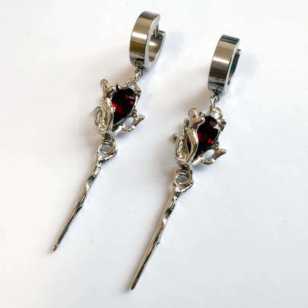 Romantic Goth Flower Blood Red Roses Crystal Dangle Earring Women's Halloween Stainless Steel Silver Color Hoop Earrings Jewelry