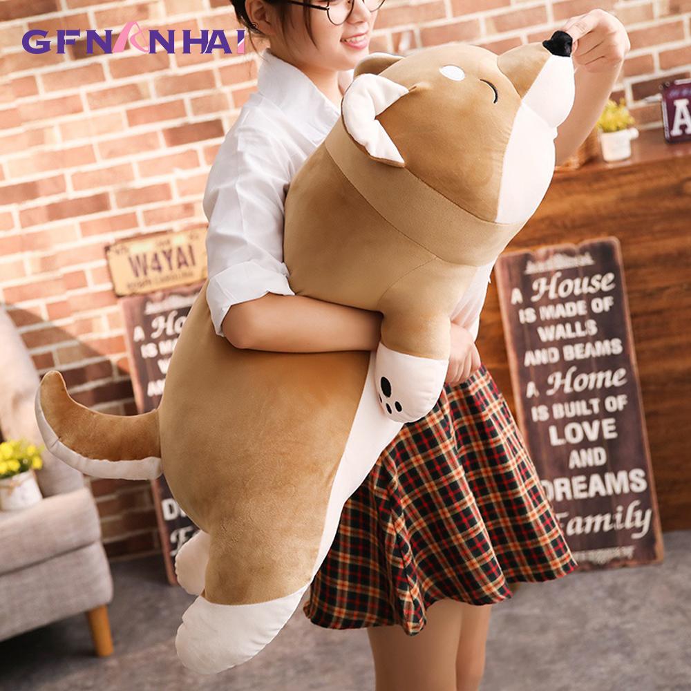 1 Stuk 80100Cm Reuzenformaat Liggende Shiba Inu Hond Pluche Kussen Gevuld Zacht Speelgoed Lief Dier Hond Poppen Slaapkussen Cadeau Speelgoed 80cm