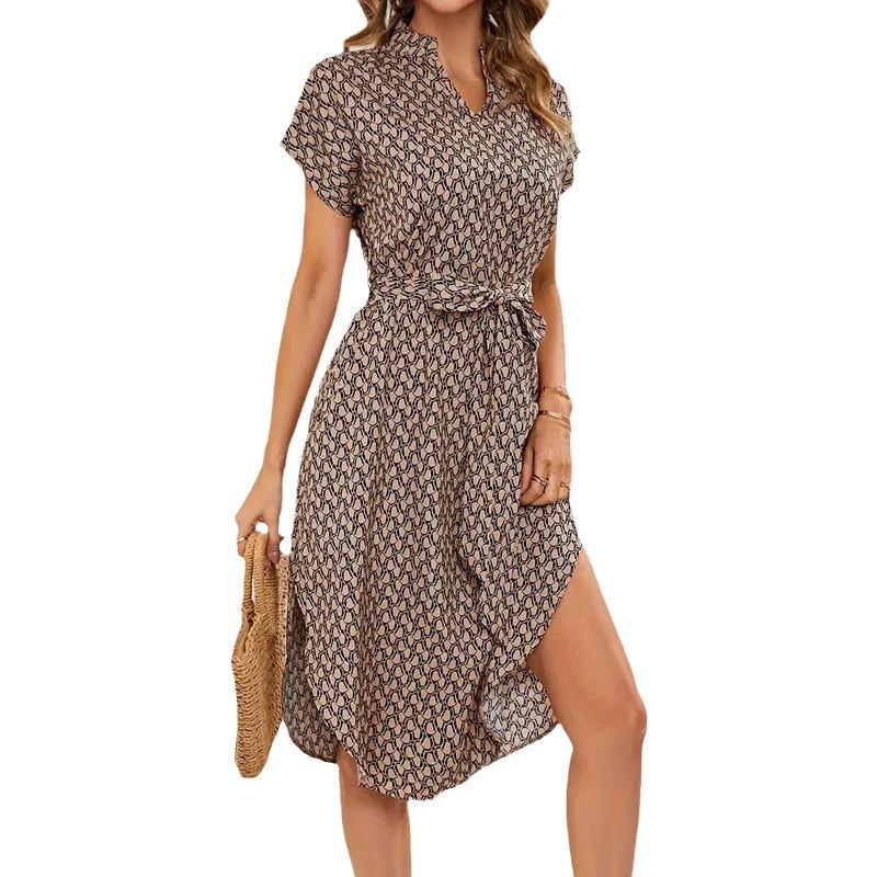 2024 Evropské a americké letní dámské zavinovací šaty s V-výstřihem a potiskem, stahující pas, s krátkým rukávem