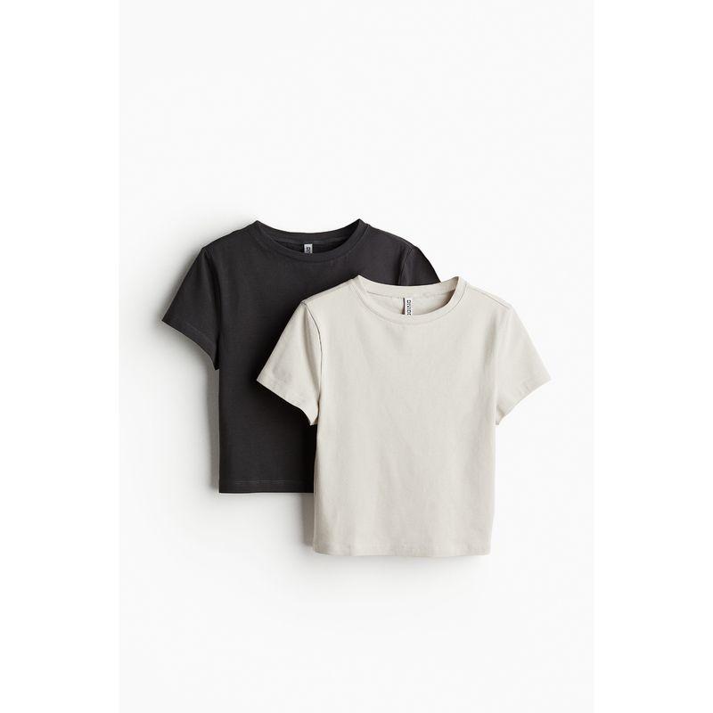 

HM Women s T-shirt 2 Pieces Autumn Soft Cotton Silm Plaid Women s Cropped Top 1141812 Light beige/dark gray 155/76A