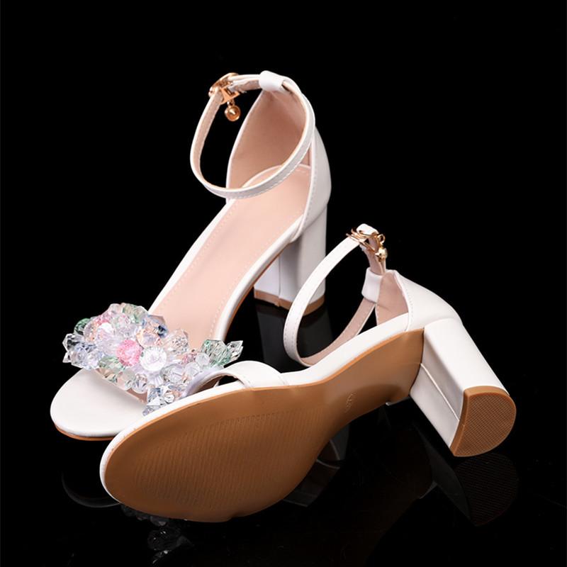 Summer Crystal Flowers Decoration Women Gladiator Sandals Big size 35-43 Comfortable Thick High heels Sweet Party Shoes