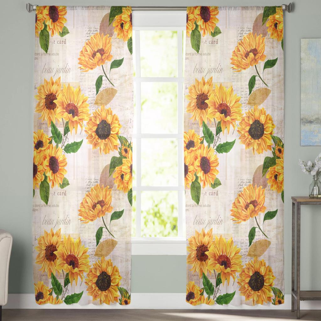 Sunflowers Vintage Newspaper Curtain For Living Room Transparent Tulle Curtains Window Sheer For The Bedroom Accessories Decor