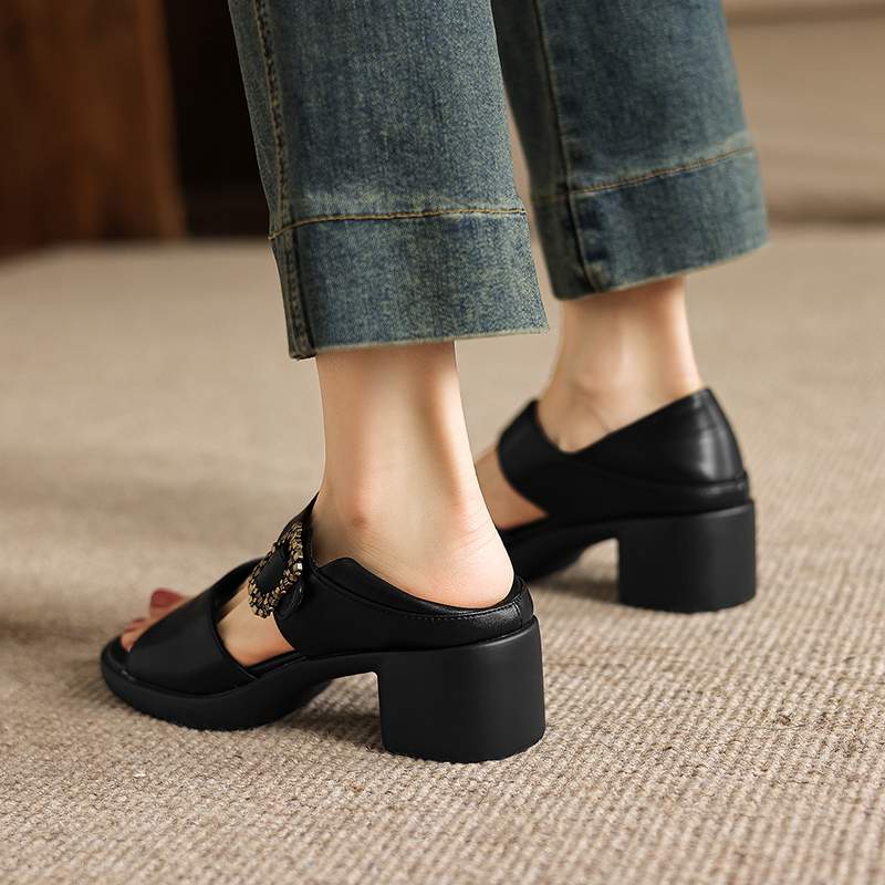 Krazing Pot Microfiber Fashion Thick Med Heels Peep Toe Shoes Metal Buckle Summer Size 43 Size 42 Platform Women Sandals