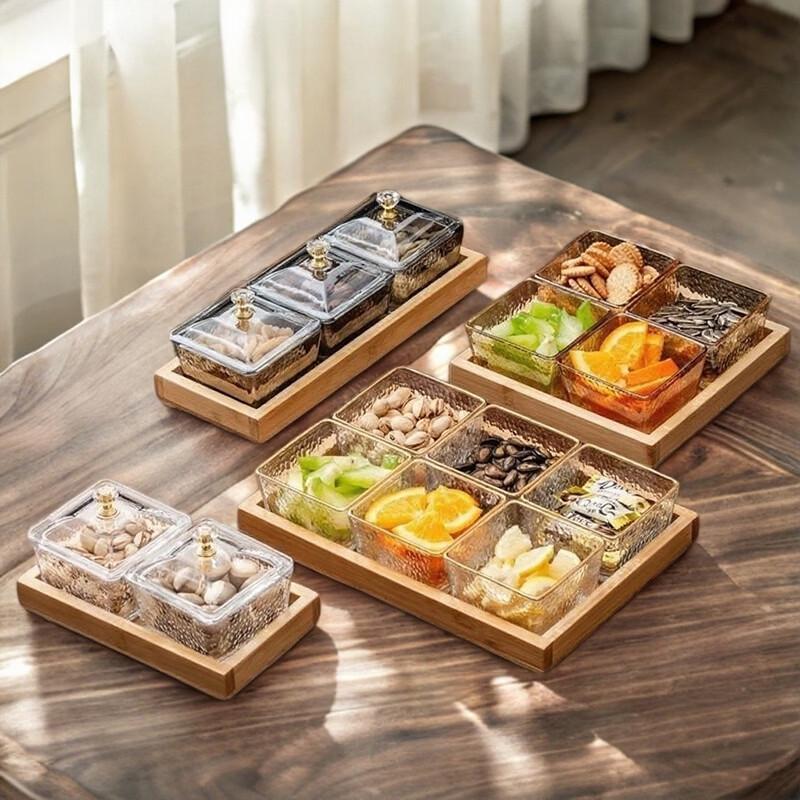 

Gold Rimmed Divided Acrylic Serving Platter with Wood Base