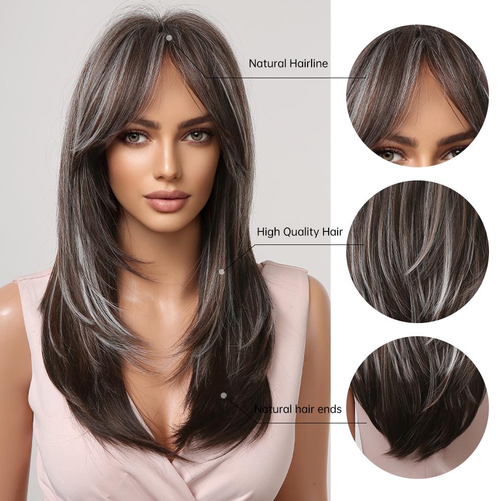 Long Gray Highlights Brown Synthetic Hair Wigs with Bangs Straight Daily Wig