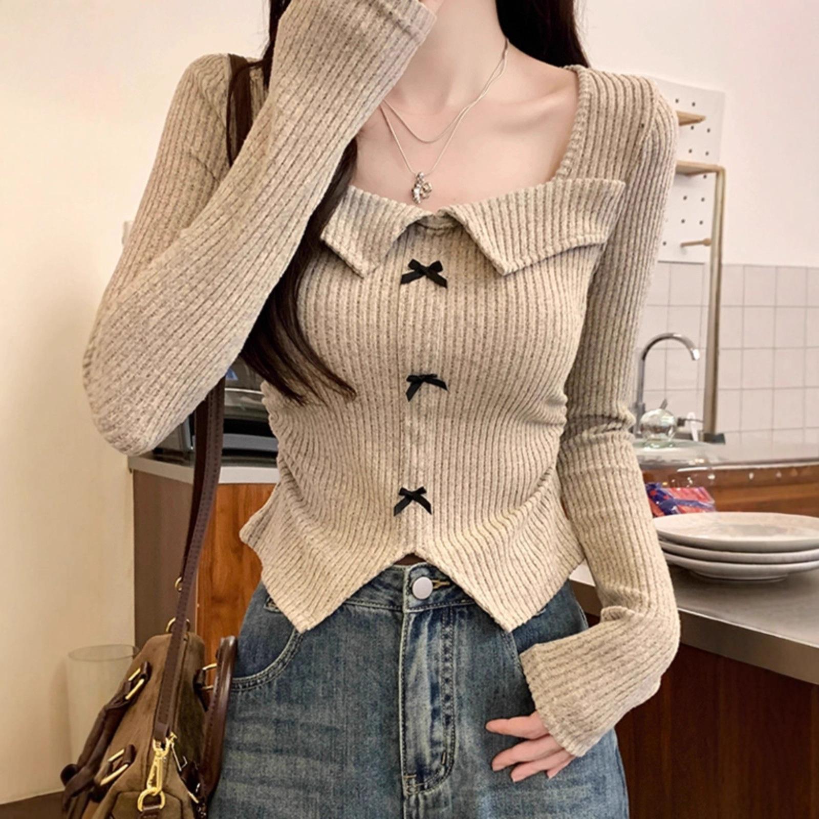 

Pit strip scratching, sweet square neck bow irregular long-sleeved t-shirt women s careful pleats waist chic one size fits all