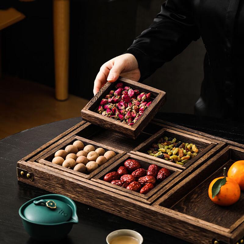 ZISIZ Paulownia Wood Charcoal Rectangular Serving Tray Set